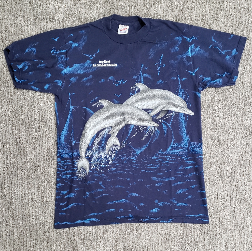 Jerzees Medium Navy Oak Island Dolphin And Sailboat TShirt